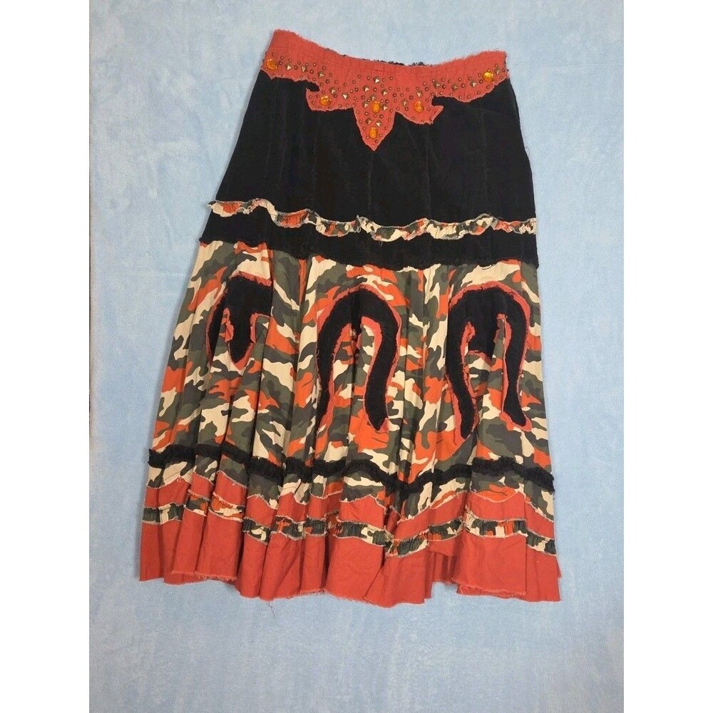 Miss Me Black Orange Studded Flair Corduroy Camo Skirt Women Size L RARE UNIQUE